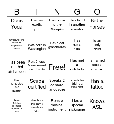 Sisters in Song Bingo Card