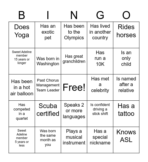 Sisters in Song Bingo Card