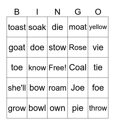 Long O-oa,ow,oe,ie Bingo Card