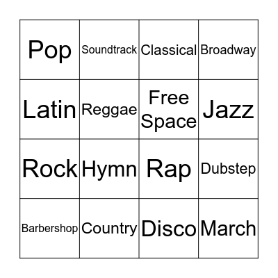 Music Styles Bingo Card