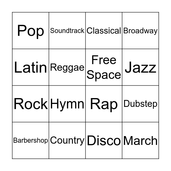 Music Styles Bingo Card