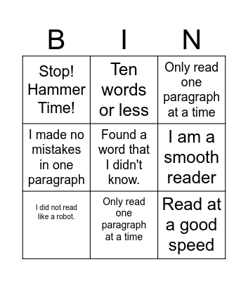 Fluency Bingo Card