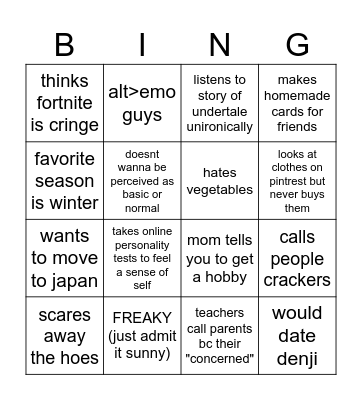 sunny  incel bingo Card