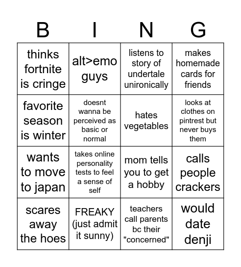 sunny  incel bingo Card