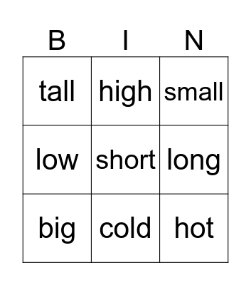 Adjectives and Animals Bingo Card