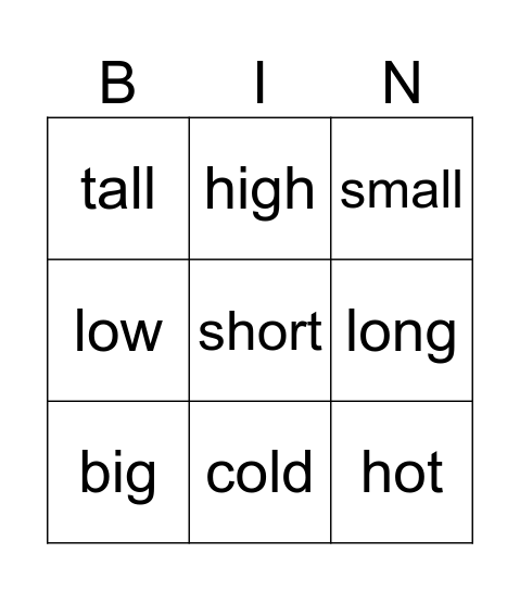 Adjectives and Animals Bingo Card