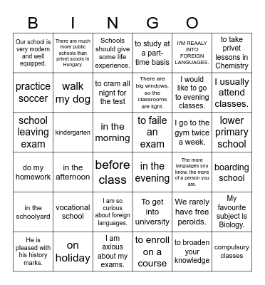 School Bingo Card