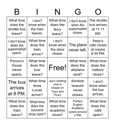 What time does - - - ? Bingo Card