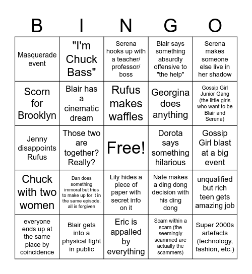 Gossip Girl Bingo Card