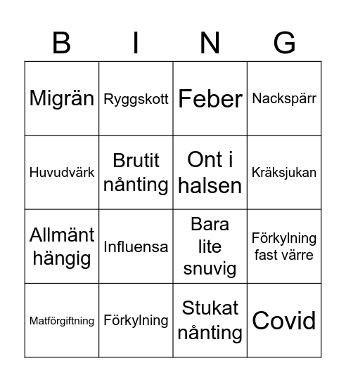 Sjukdomsbingo Card