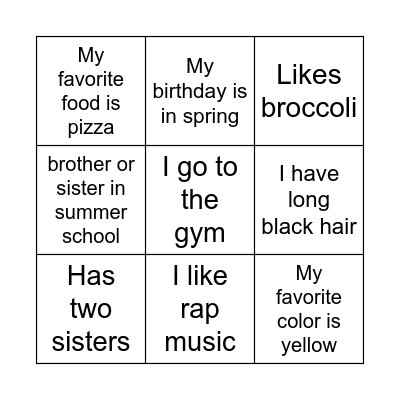 All About Me Bingo Card