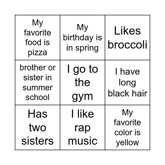 All About Me Bingo Card