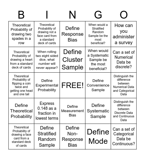 Probability Bingo Card