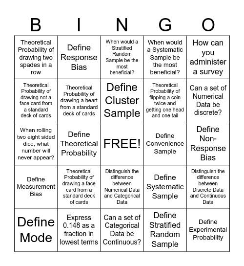 Probability Bingo Card