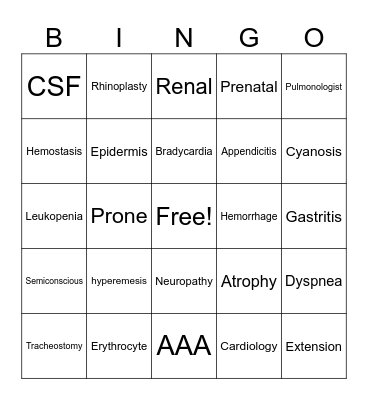 Medical Terminology Bingo Card
