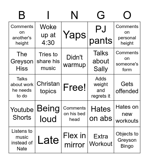 Greyson Bingo Card