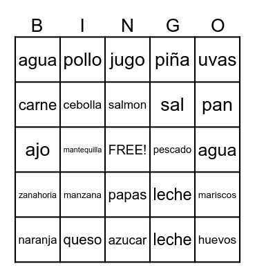 Spanish Food Bingo Card