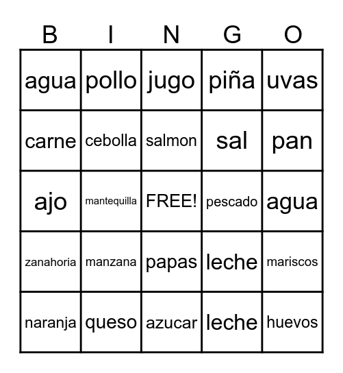 Spanish Food Bingo Card