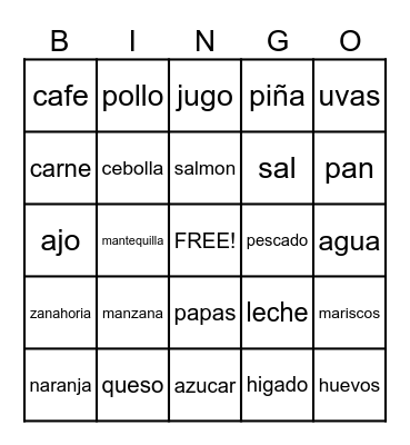 Spanish Food Bingo Card