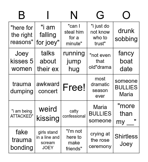 Bachelor Night Bingo Card