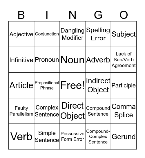 Grammar Bingo!  Bingo Card