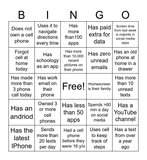 Cell Phone Bingo Card