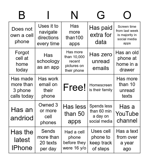 Cell Phone Bingo Card