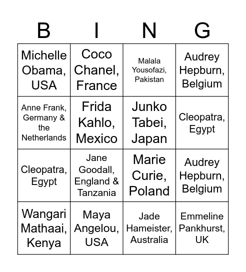 International Womens Day Bingo Card