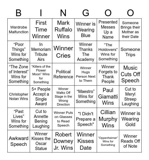 OSCARS 2024 BINGO! Bingo Card