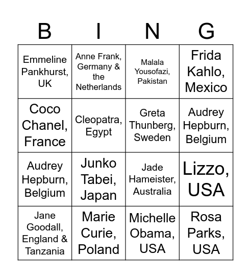 International Womens Day Bingo Card