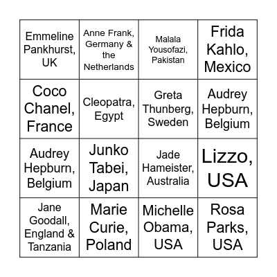 International Womens Day Bingo Card