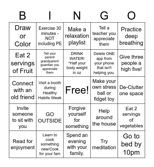 Healthy Habits Bingo! Bingo Card