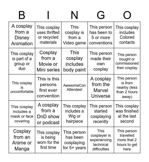 Cosplay Bingo! Bingo Card