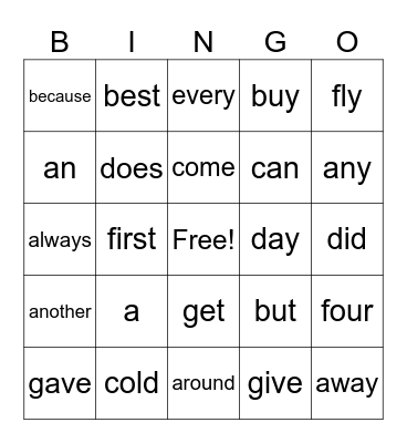 Sight Words Bingo Card