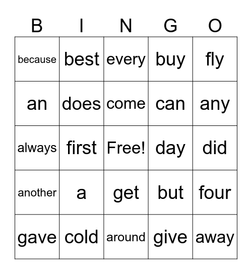 Sight Words Bingo Card