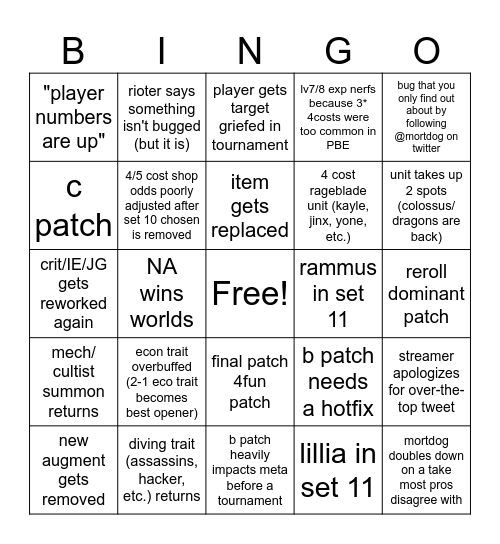 TFT SET 11 Bingo Card