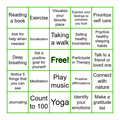 Coping Skills Bingo Card