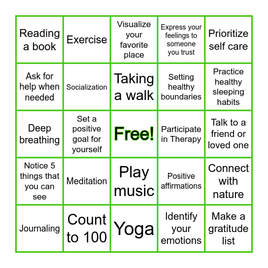 Coping Skills Bingo Card