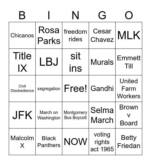 Civil Rights Bingo Card