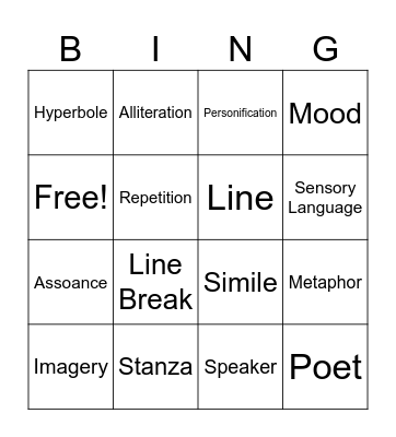 Poetry Vocabulary Bingo Card