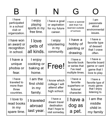 Youth team Bingo Card
