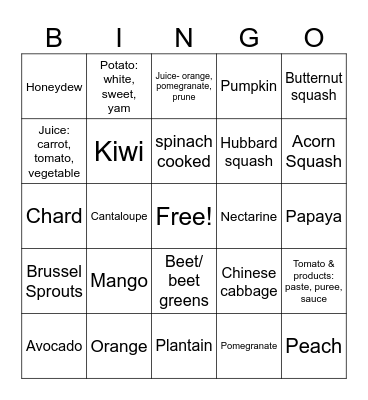 High- Potassium Fruits/ Vegetables Bingo Card