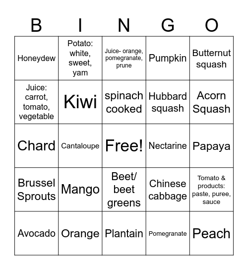 High- Potassium Fruits/ Vegetables Bingo Card