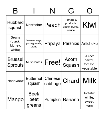 High- Potassium Fruits/ Vegetables Bingo Card