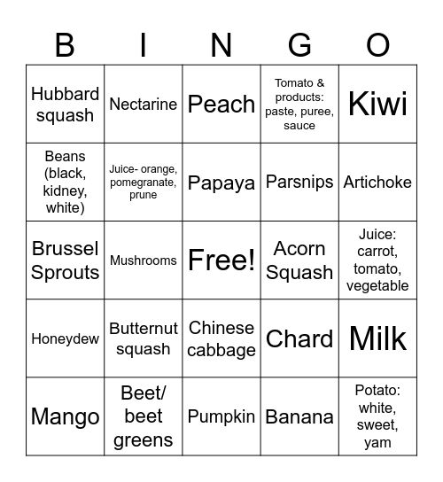 High- Potassium Fruits/ Vegetables Bingo Card