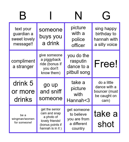 Hannah's Bingo extravaganza Bingo Card