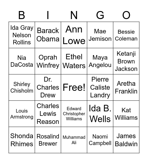 Famous Black Professionals Bingo Card