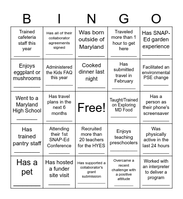 SNAP-Ed Networking BINGO Card