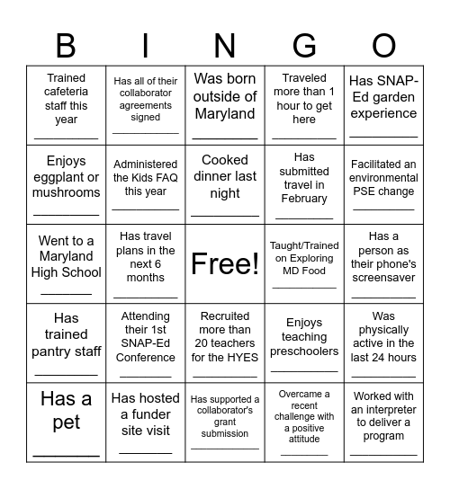 SNAP-Ed Networking BINGO Card