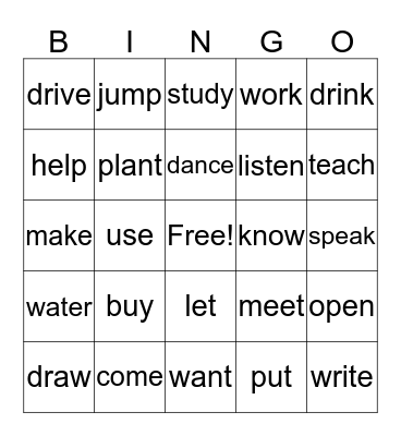 verbs Bingo Card